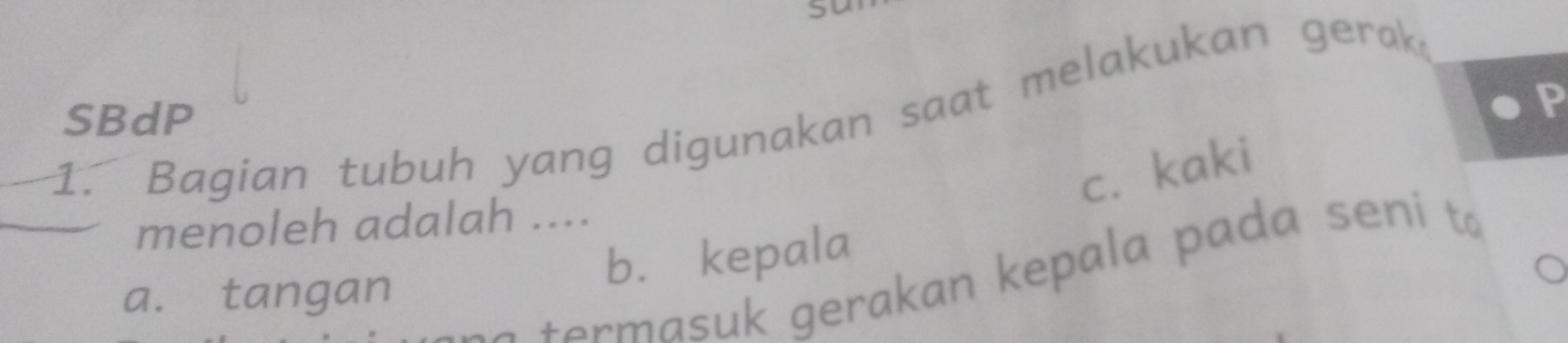 agian tubuh yang digunakan saat melakukan gerak
SBdP
c. kaki
menoleh adalah ....
b. kepala
term asuk gerakan kepala pada seni t
a. tangan