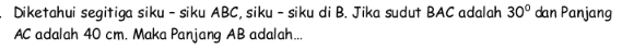 Diketahui segitiga siku - siku ABC, siku - siku di B. Jika sudut BAC adalah 30° dan Panjang
AC adalah 40 cm. Maka Panjang AB adalah...