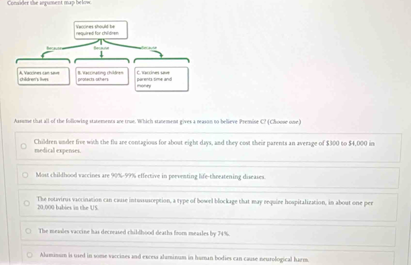 Consider the argument map below
Assume that all of the following statements are true. Which statement gives a reason to believe Premise C? (Choose one.)
Children under five with the flu are contagious for about eight days, and they cost their parents an average of $300 to $4,000 in
medical expenses.
Most childhood vaccines are 90%-99% effective in preventing life-threatening diseases.
The rotavirus vaccination can cause intussusception, a type of bowel blockage that may require hospitalization, in about one per
20,000 babies in the US.
The measles vaccine has decreased childhood deaths from measles by 74%.
Aluminum is used in some vaccines and excess aluminum in human bodies can cause neurological harm.