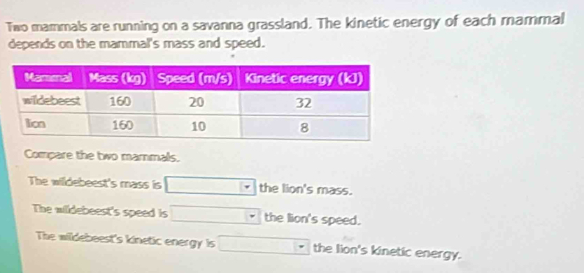 Two mammals are running on a savanna grassland. The kinetic energy of each mammal
depends on the mammal's mass and speed.
Compare the two mammals.
The wildebeest's mass is □ □  the lion's mass.
The wildebeest's speed is ·s ·s the lion's speed.
The wildebeest's kinetic energy is -2□ the lion's kinetic energy.