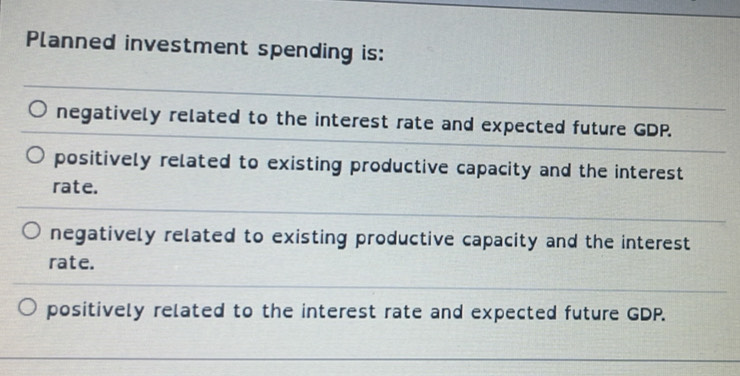 Planned investment spending is:
negatively related to the interest rate and expected future GDP.
positively related to existing productive capacity and the interest
rate.
negatively related to existing productive capacity and the interest
rate.
positively related to the interest rate and expected future GDP.