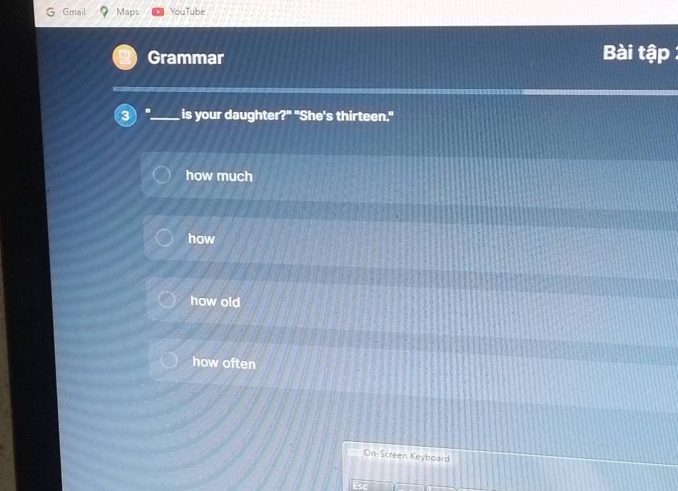 Gmail Maps YouTube
Grammar Bài tập 
is your daughter?" "She's thirteen."
how much
how
how old
how often
On-Screen Keyboard
Esc