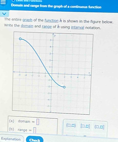 Unes and Fund 
Domain and range from the graph of a continuous function 
The entire graph of the function h is shown in the figure below. 
Write the domain and range of husing interval notation. 
(a) domain =□ (□ ,□ ) [□ ,□ ] (□ ,□ ]
(b) range =□
Explanation Check