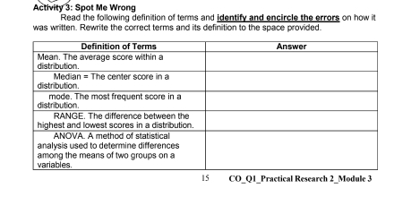 Activity 3: Spot Me Wrong 
Read the following definition of terms and identify and encircle the errors on how it 
was written. Rewrite the correct terms and its definition to the space provided. 
15 CO_Q1_Practical Research 2_Module 3