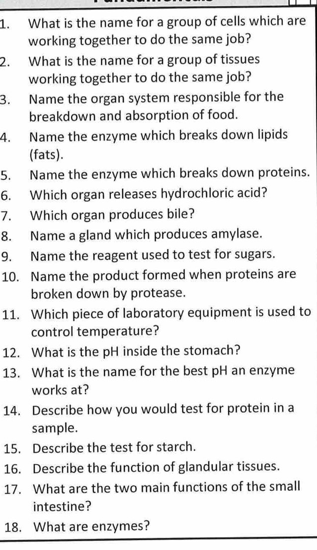 What is the name for a group of cells which are 
working together to do the same job? 
2. What is the name for a group of tissues 
working together to do the same job? 
3. Name the organ system responsible for the 
breakdown and absorption of food. 
4. Name the enzyme which breaks down lipids 
(fats). 
5. Name the enzyme which breaks down proteins. 
6. Which organ releases hydrochloric acid? 
7. Which organ produces bile? 
8. Name a gland which produces amylase. 
9. Name the reagent used to test for sugars. 
10. Name the product formed when proteins are 
broken down by protease. 
11. Which piece of laboratory equipment is used to 
control temperature? 
12. What is the pH inside the stomach? 
13. What is the name for the best pH an enzyme 
works at? 
14. Describe how you would test for protein in a 
sample. 
15. Describe the test for starch. 
16. Describe the function of glandular tissues. 
17. What are the two main functions of the small 
intestine? 
18. What are enzymes?