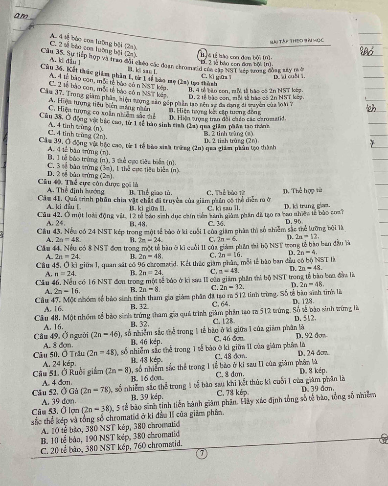 am
Bài TậP THEO Bài Học
A. 4 tế bào con lưỡng bội (2n).
C. 2 tế bào con lưỡng bội (2n).
B4 tế bào con đơn bội (n).
Câu 35. Sự tiếp hợp và trao đổi chéo các đoạn chromatid của cặp NST kép tương đồng xây ra ở
D. 2 tế bào con đơn bội (n):
A. kì đầu I B. kì sau I.
Câu 36. Kết thúc giảm phân I, từ 1 tế bào mẹ (2n) tạo thành
C. kì giữa I D. kì cuối I.
A. 4 tế bào con, mỗi tể bào có n NST kép.
B. 4 tế bào con, mỗi tế bào có 2n NST kép.
C. 2 tế bào con, mỗi tế bào có n NST kép. D. 2 tế bào con, mỗi tế bào có 2n NST kép.
Câu 37. Trong giảm phân, hiện tượng nào góp phần tạo nên sự đa dạng di truyền của loài 7
A. Hiện tượng tiêu biến màng nhân
B. Hiện tượng kết cặp tương đồng
C. Hiện tượng co xoắn nhiễm sắc thể D. Hiện tượng trao đổi chéo các chromatid.
Câu 38. Ở động vật bậc cao, từ 1 tế bào sinh tinh (2n) qua giảm phân tạo thành
A. 4 tinh trùng (n).
C. 4 tinh trùng (2n).
B. 2 tinh trùng (n).
D. 2 tinh trùng (2n).
Câu 39. Ở động vật bậc cao, từ 1 tế bào sinh trứng (2n) qua giảm phần tạo thành
A. 4 tế bào trứng (n).
B. 1 tế bào trứng (n), 3 thể cực tiêu biến (n).
C. 3 tế bào trứng (3n), 1 thể cực tiêu biển (n).
D. 2 tế bào trứng (2n).
Câu 40. Thể cực còn được gọi là
A. Thể định hướng B. Thể giao tử. C. Thể bào tử D. Thể hợp tử
Câu 41. Quá trình phân chia vật chất di truyền của giảm phân có thể diễn ra ở
A. kì đầu I. B. kì giữa II. C. kì sau II. D. kì trung gian.
Câu 42. Ở một loài động vật, 12 tế bào sinh dục chín tiến hành giảm phân đã tạo ra bao nhiêu tế bào con?
A. 24. B. 48. C. 36. D. 96.
Câu 43. Nếu có 24 NST kép trong một tế bào ở kì cuối I của giảm phân thì số nhiễm sắc thể lưỡng bội là
A. 2n=48. B. 2n=24. C. 2n=6. D. 2n=12.
Câu 44. Nếu có 8 NST đơn trong một tế bảo ở kì cuối II của giảm phân thì bộ NST trong tế bào ban đầu là
A. 2n=24. B. 2n=48. C. 2n=16. D. 2n=4.
Câu 45. Ở kì giữa I, quan sát có 96 chromatid. Kết thúc giảm phân, mỗi tế bảo ban đầu có bộ NST là
A. n=24. B. 2n=24 C. n=48. D. 2n=48.
Câu 46. Nếu có 16 NST đơn trong một tế bào ở kì sau II của giảm phân thì bộ NST trong tế bảo ban đầu là
A. 2n=16. B. 2n=8. C. 2n=32. D. 2n=48.
Câu 47. Một nhóm tế bào sinh tinh tham gia giảm phân đã tạo ra 512 tinh trùng. Số tế bào sinh tinh là
A. 16. B. 32. C. 64. D. 128
Câu 48. Một nhóm tế bào sinh trứng tham gia quá trình giảm phân tạo ra 512 trứng. Số tế bào sinh trứng là
A. 16. B. 32. C. 128. D. 512.
Câu 49. Ở người (2n=46) 0, số nhiễm sắc thể trong 1 tế bào ở kì giữa I của giảm phân là
A. 8 đơn. B. 46 kép. C. 46 đơn. D. 92 đơn.
Câu 50. Ở Trâu (2n=48) , số nhiễm sắc thể trong 1 tế bào ở kì giữa II của giảm phân là
A. 24 kép. B. 48 kép. C. 48 đơn. D. 24 đơn.
Câu 51. Ở Ruồi giấm (2n=8) 0, số nhiễm sắc thể trong 1 tế bào ở kì sau II của giảm phân là
A. 4 đơn. B. 16 đơn. C. 8 đơn. D. 8 kép.
Câu 52. Ở Gà (2n=78) , số nhiễm sắc thể trong 1 tế bào sau khi kết thúc kì cuối I của giảm phân là
A. 39 đơn. B. 39 kép. C. 78 kép. D. 39 đơn.
Câu 53. Ở lợn (2n=38) 0, 5 tế bào sinh tinh tiến hành giảm phân. Hãy xác định tổng số tế bào, tổng số nhiễm
sắc thể kép và tổng số chromatid ở kì đầu II của giảm phân.
A. 10 tế bào, 380 NST kép, 380 chromatid
B. 10 tế bào, 190 NST kép, 380 chromatid
C. 20 tế bào, 380 NST kép, 760 chromatid.
7