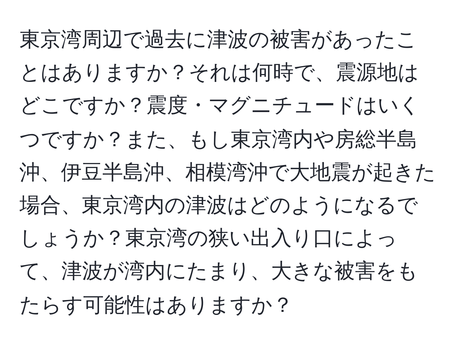 東京湾周辺で過去に津波の被害があったことはありますか？それは何時で、震源地はどこですか？震度・マグニチュードはいくつですか？また、もし東京湾内や房総半島沖、伊豆半島沖、相模湾沖で大地震が起きた場合、東京湾内の津波はどのようになるでしょうか？東京湾の狭い出入り口によって、津波が湾内にたまり、大きな被害をもたらす可能性はありますか？