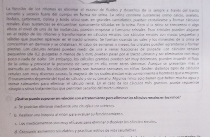 La función de los riñones es eliminar el exceso de fluidos y desechos de la sangre a través del tracto
urinario y sacarío fuera del cuerpo en forma de orina. La orina contiene sustancias como calcío, oxalato,
fostato, carbonato, cistina y ácido úrico que, en grandes cantidades, pueden cristalizarse y formar cálculos
renales. Esas sustancias se encuentran sumamente diluidas en la orina. Pero sí la orina se concentra o algo
altera el nível de una de las sustancias, pueden empezar a formarse cristales. Esos cristales pueden alojarse
en el tejido de los riñones y transformarse en cálculos renales. Los cálculos renales son masas pequeñas y
sulidas que pueden aparecer en el tracto urinario. Se forman cuando las sales y los minerales de la orina se
concentran en demasia y se cristalizan. Al cabo de semanas o meses, los cristales pueden agrandarse y formar
piedras. Los cálculos renales pueden medir de una a varías fracciones de pulgada. Los cálculos renales
pequeños (de 0,2 pulgadas o menos de 5 mm) pueden pasar por el tracto urinario y ser eliminados con muy
poco o nada de dolor. Sin embargo, los cálculos grandes pueden ser muy dolorosos, pueden impedir el flujo
die la orina y provocar la presencia de sangre en ella, entre otros sintomas. Aunque se presentan más a
menudo en adultos, los cálculos renales son bastante comunes en niños. Existen distintos tipos de cálculos
renales con muy diversas causas, la mayoría de los cuales afectan más comúnmente a hombres que a mujeres
El tratamiento depende del tipó de cálculo y de su tamaño. Algunos niños solo tienen que beber mucha agua y
tomar calmantes para eliminar el cálculo renal. En el caso de los cálculos más grandes, puede requerirse
círugía a otros tratamientos que permitan sacarios del tracto urinario.
¿Que se puede suponer en relación con el tratamiento para eliminar los cálculos renales en los niños?
a. Se podrían eliminar mediante una cirugía a los uréteres.
b. Realizar una biopsia al riñón para evaluar su funcionamiento.. Los medicamentos son muy eficaces para eliminar o disolver los cálculos renales.
d. Consumir alimentos saludables y practicar estilos de vida saludables.