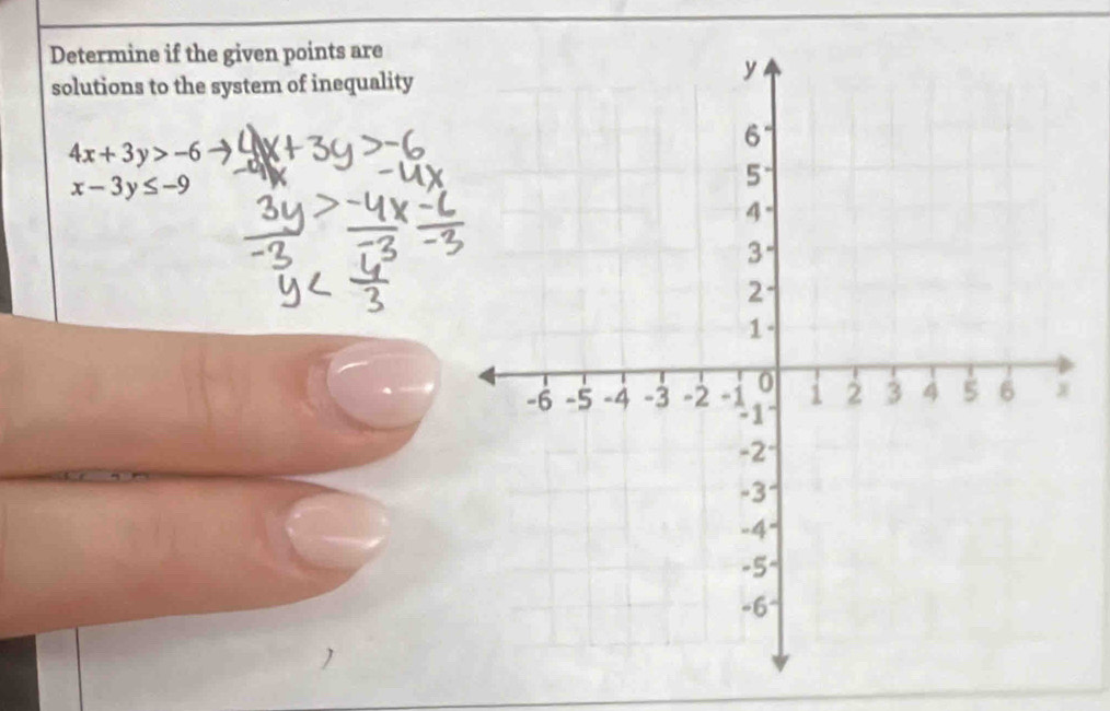 Determine if the given points are
solutions to the system of inequality
4x+3y>-6
x-3y≤ -9