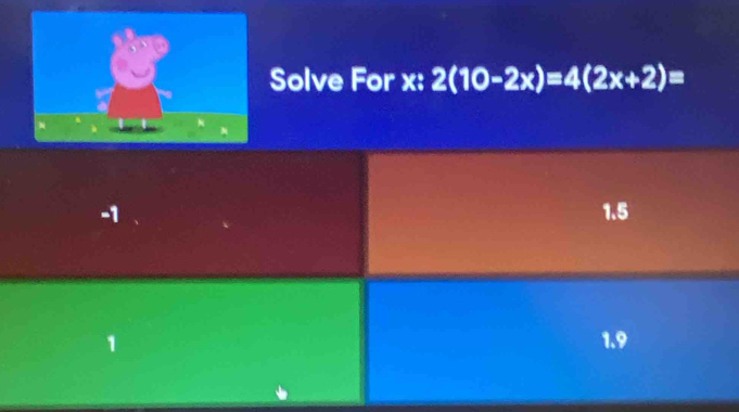 Solve For x : 2(10-2x)=4(2x+2)=
-1 1.5
1 1.9