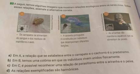 # A seguir, temos algumas imagens que mostram relações ecológicas entre os seres vivos. Sobre
essas relações, assinale a alternativa correta.
+ 
= Os carrapatos se alimentam
do sangue e dos resíduos de é constituída por indivíduos = A caravela-portuguesa mamíferos aquáticos que se As ariranhas são
mamíferos e aves. que desempenham diferentes alimentam de peixes.
funções
a) Em A, a relação que se estabelece entre o carrapato e o cachorro é o predatismo.
b) Em B, temos uma colônia em que os indivíduos vivem unidos fisicamente.
c) Em C, é possível reconhecer uma relação de parasitismo entre a ariranha e o peixe.
d) As relações exemplificadas são harmônicas.