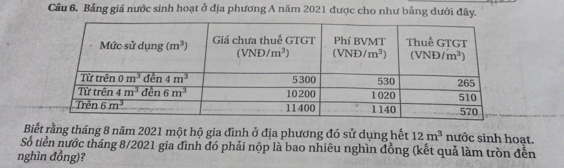 Bảng giá nước sinh hoạt ở địa phương A năm 2021 được cho như bảng dưới đây.
Biết rằng tháng 8 năm 2021 một hộ gia đình ở địa phương đó sử dụng hết 12m^3 nước sinh hoạt.
Số tiền nước tháng 8/2021 gia đình đó phải nộp là bao nhiêu nghìn đồng (kết quả làm tròn đến
nghìn đồng)?