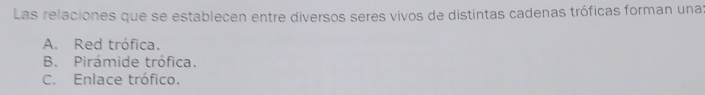 Las relaciones que se establecen entre diversos seres vivos de distintas cadenas tróficas forman unay
A. Red trófica.
B. Pirámide trófica.
C. Enlace trófico.