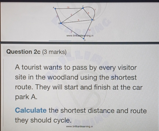 A tourist wants to pass by every visitor 
site in the woodland using the shortest 
route. They will start and finish at the car 
park A. 
Calculate the shortest distance and route 
they should cycle. 
www.brilliantlearning.in