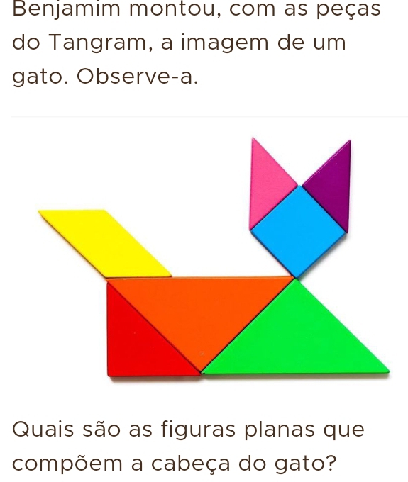 Benjamim montou, com as peças 
do Tangram, a imagem de um 
gato. Observe-a. 
Quais são as figuras planas que 
compõem a cabeça do gato?