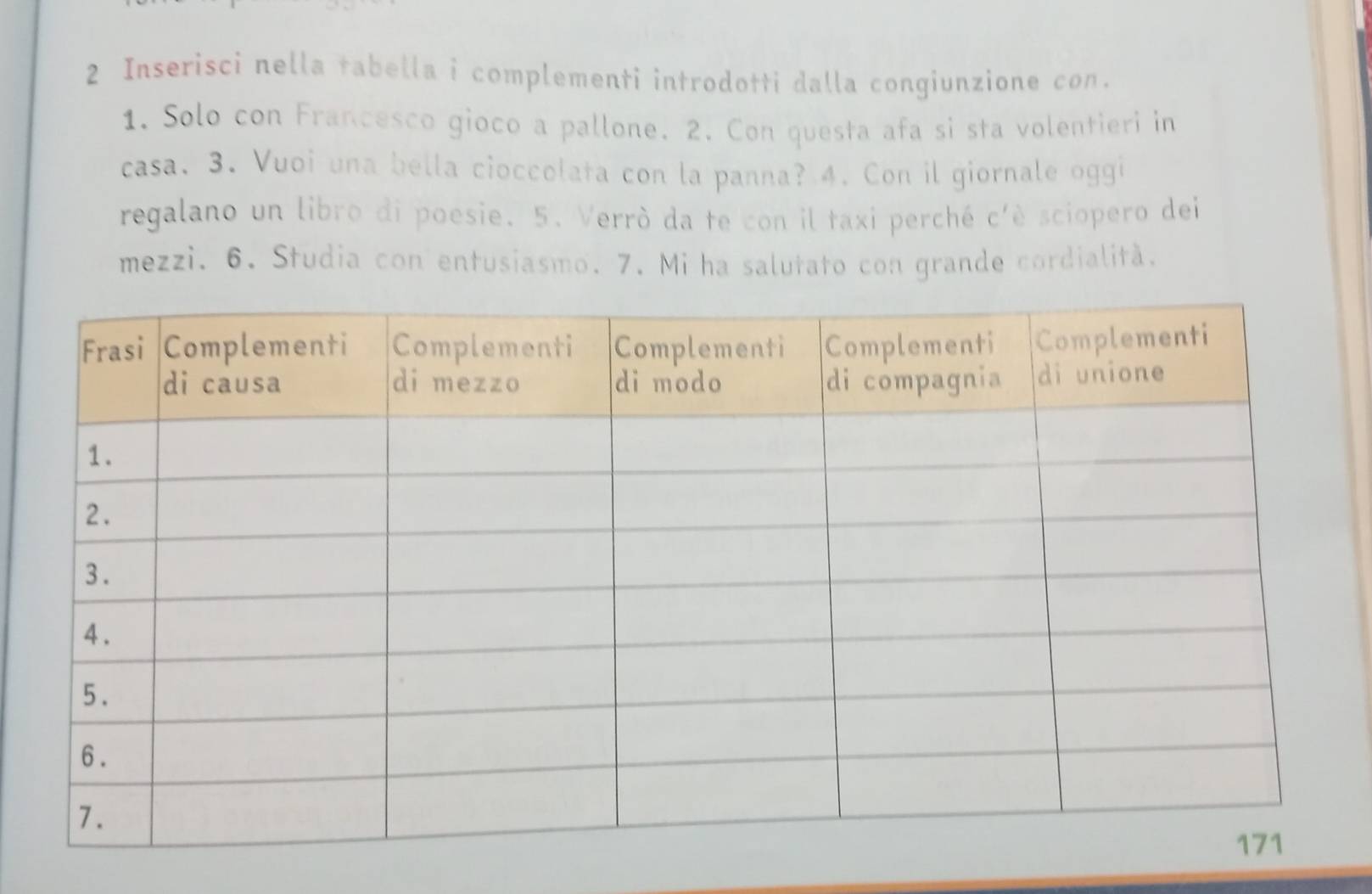 Inserisci nella tabella i complementi introdotti dalla congiunzione con. 
1. Solo con Francesco gioco a pallone. 2. Con questa afa si sta volentieri in 
casa. 3. Vuoi una bella cioccolata con la panna? 4. Con il giornale oggi 
regalano un libro di poesie. 5. Verrò da te con il taxi perché c'è sciopero dei 
mezzì. 6. Studia con entusiasmo. 7. Mi ha salutato con grande cordialità.