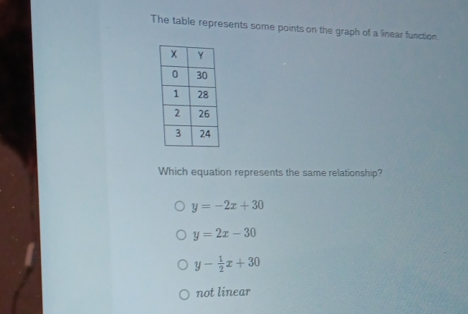 The table represents some points on the graph of a linear function.
Which equation represents the same relationship?
y=-2x+30
y=2x-30
y- 1/2 x+30
not linear