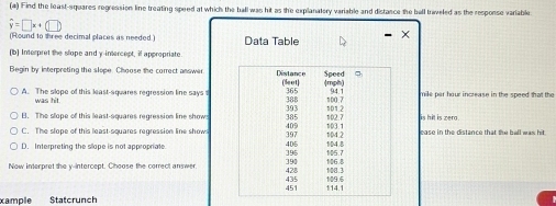 (4) Find the least-squares regression line treating speed at which the ball was hit as the explanatory variable and distance the ball traveled as the response variable
hat y=□ x+(□ )
(Round to three decimal places as needed Data Table
(b] Interpret the slope and y-intercept, il appropriate
Begin by interpreting the slope. Choose the correct answer
A. The slope of this least-squares regression line says mile par hour increase in the speed that the
was hit.
B. The slope of this least-squares regression line showis hit is zero
C. The slope of this least-squares regression line showease in the distance that the hell was hit .
D. Interpreting the slope is not appropriate. 
Now interpret the y-intercept. Choose the correct answer.
xample Statcrunch