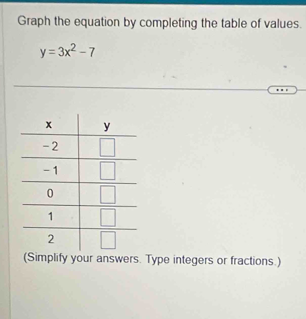 Graph the equation by completing the table of values.
y=3x^2-7
(Simplify your answers. Type integers or fractions.)