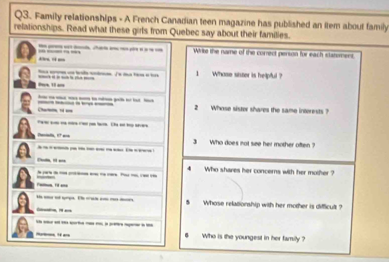 Family relationships - A French Canadian teen magazine has published an item about family
relationships. Read what these girls from Quebec say about their families.
on parems est dnde, chabls inu nun pôre et la ne voe Write the name of the correct persion for each statement
__
Aleu, 1 mm
Nia emes un tendo rbnes. J s dea feres el tora 1 Whose sister is helpful ?
ma et je mub la ca mrs
Deye, 18 an
Ate me nse was mm to mên gote bt hout. hoen
2 Whose sister shares the same interests ?
Chare, 14 co
Taer suss ma mère cest pas fausa. Ehe con trp savere
Denislla, 17 ena 3 Who does not see her mother often ?
a na in ertenta pa tês tan avel ma sctcr. Ete i ererve )
Dedia, t ans 4 Who shares her concerns with her mother ?
de parie du mes probièmes avec me mere. Pour mai test très
Fadbun. 1A ema
Ma noor e eperça. Ele mide amo mus cers 5 Whose relationship with her mother is difficult ?
Gorsadn, 79 am
Ata enbor ent três aportive muis esi, le préfère repernor la t9t6
6
Hee, 14 an Who is the youngest in her family ?