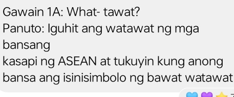 Gawain 1A: What- tawat? 
Panuto: Iguhit ang watawat ng mga 
bansang 
kasapi ng ASEAN at tukuyin kung anong 
bansa ang isinisimbolo ng bawat watawat