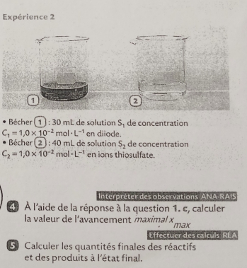 Expérience 2 
2 
Bécher (1) 30 mL de solution S_1 de concentration
C_1=1,0* 10^(-2)mol· L^(-1) en diiode. 
Bécher (2 ) : 40 mL de solution S_2 de concentration
C_2=1,0* 10^(-2) mol · L^(-1) en ions thiosulfate. 
Interpréter des observations ANA-RAIS 
2 À l'aide de la réponse à la question 1. c, calculer 
la valeur de l'avancement maximal x max 
Effectuer des calculs REA 
5 Calculer les quantités finales des réactifs 
et des produits à l'état final.