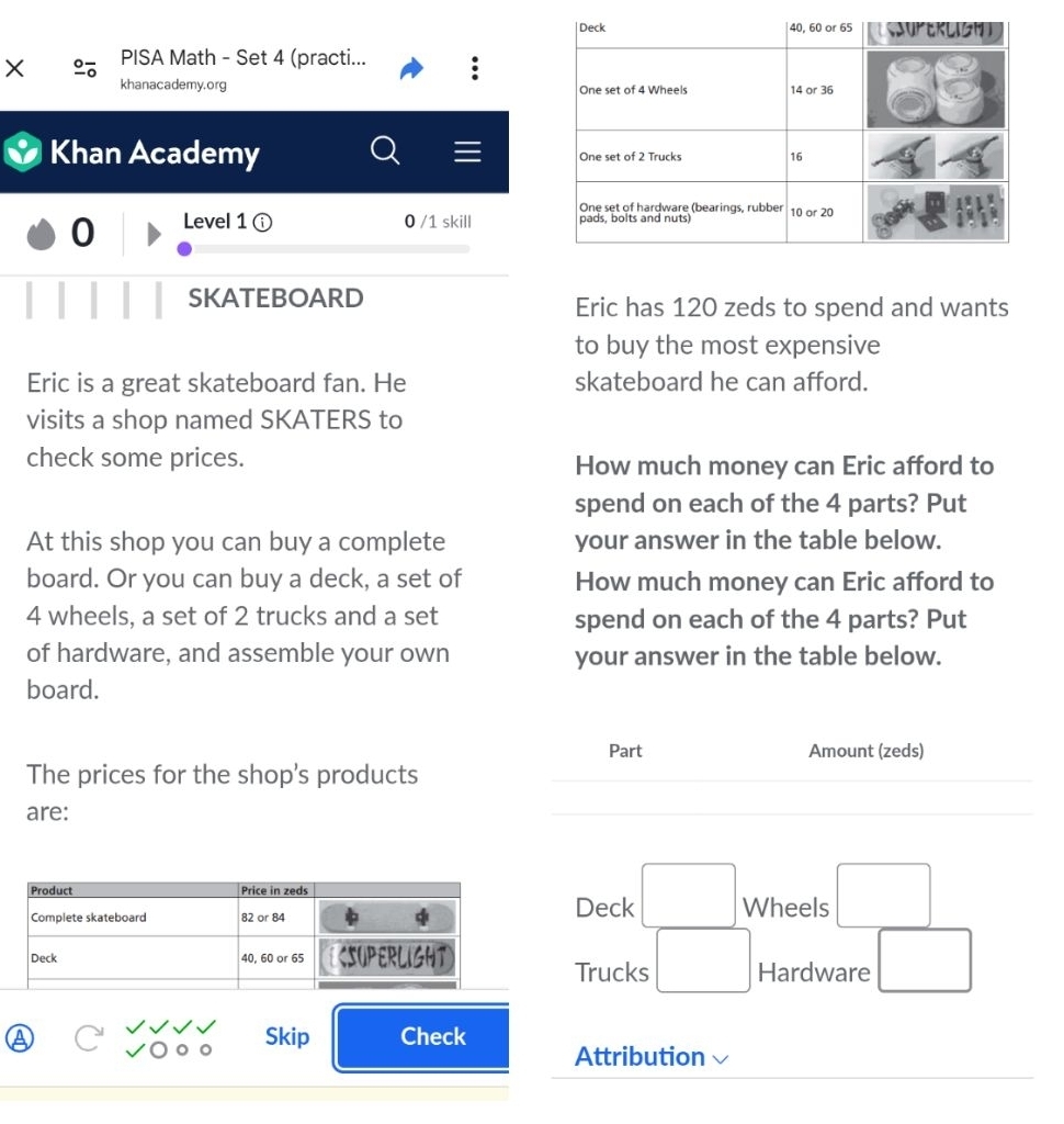 PISA Math - Set 4 (practi... 
khanacademy.org 
Khan Academy 
0 Level 1 ⓘ 0 /1 skill 
SKATEBOARD Eric has 120 zeds to spend and wants 
to buy the most expensive 
Eric is a great skateboard fan. He skateboard he can afford. 
visits a shop named SKATERS to 
check some prices. How much money can Eric afford to 
spend on each of the 4 parts? Put 
At this shop you can buy a complete your answer in the table below. 
board. Or you can buy a deck, a set of How much money can Eric afford to
4 wheels, a set of 2 trucks and a set spend on each of the 4 parts? Put 
of hardware, and assemble your own your answer in the table below. 
board. 
Part Amount (zeds) 
The prices for the shop's products 
are: 
Deck □ Wheels □ 
Trucks □ Hardware □ 
A Skip Check 
Attribution