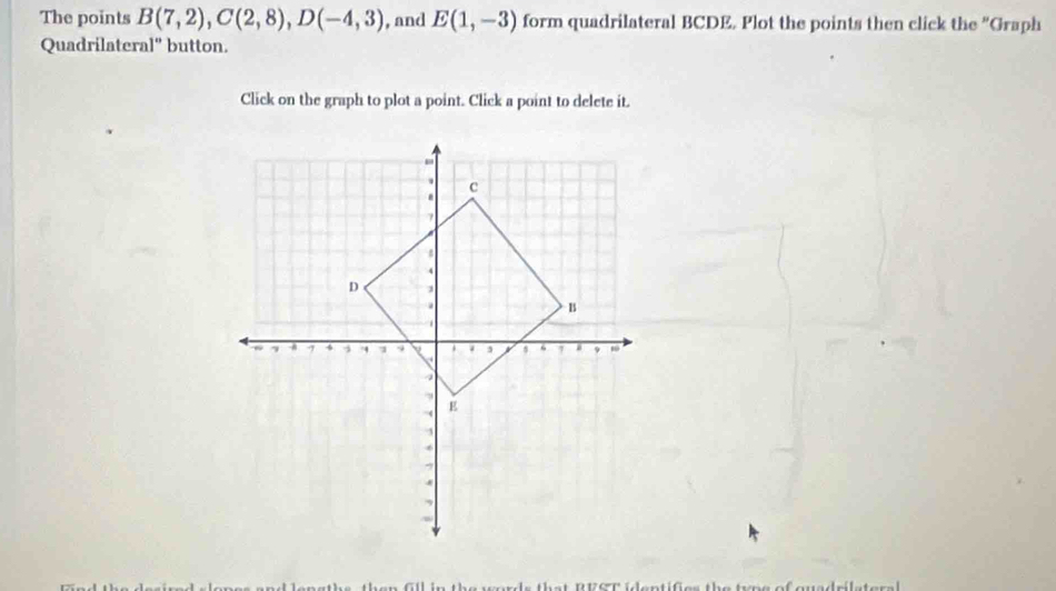 The points B(7,2), C(2,8), D(-4,3) , and E(1,-3) form quadrilateral BCDE. Plot the points then click the “Graph 
Quadrilateral" button. 
Click on the graph to plot a point. Click a point to delete it. 
n f l in the wers that RECT identifes the uns of guadels t er a