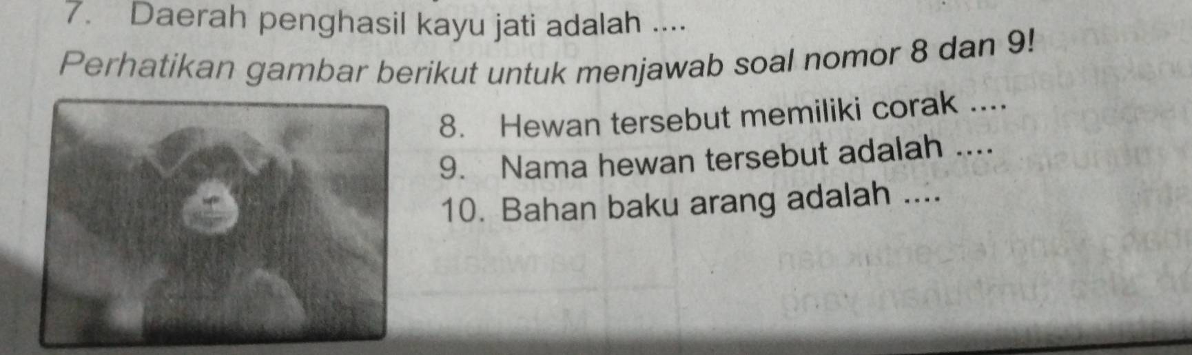 Daerah penghasil kayu jati adalah .... 
Perhatikan gambar berikut untuk menjawab soal nomor 8 dan 9! 
8. Hewan tersebut memiliki corak .... 
9. Nama hewan tersebut adalah .... 
10. Bahan baku arang adalah ....