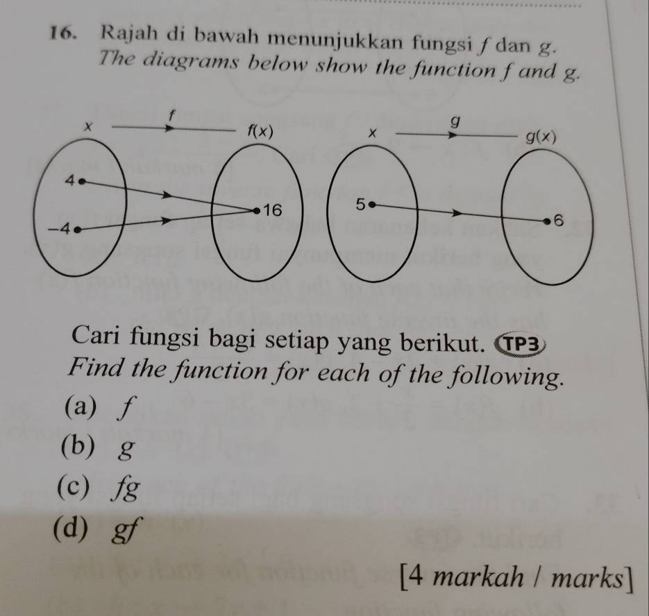 Rajah di bawah menunjukkan fungsi f dan g.
The diagrams below show the function f and g.
Cari fungsi bagi setiap yang berikut. TP3
Find the function for each of the following.
(a) f
(b) g
(c) fg
(d) gf
[4 markah / marks]