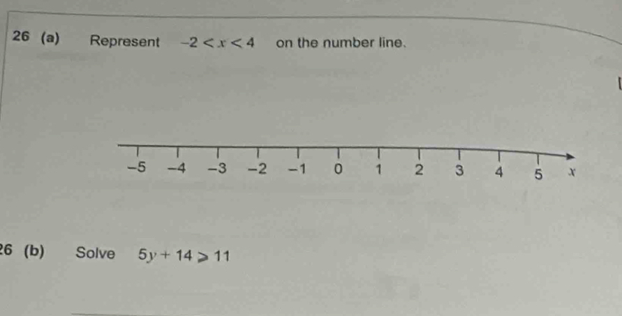 26 (a) Represent -2 on the number line. 
26 (b) Solve 5y+14≥slant 11