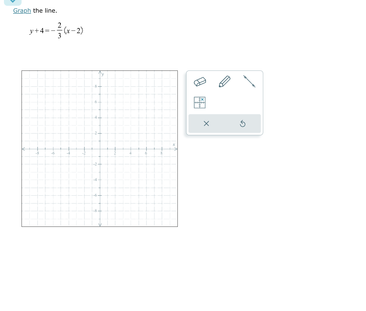 Graph the line.
y+4=- 2/3 (x-2)
×