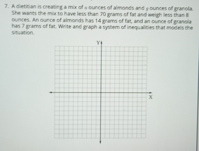 A dietitian is creating a mix of a ounces of almonds and y ounces of granola. 
She wants the mix to have less than 70 grams of fat and weigh less than 8
ounces. An ounce of almonds has 14 grams of fat, and an ounce of granola 
has 7 grams of fat. Write and graph a system of inequalities that models the 
situation.