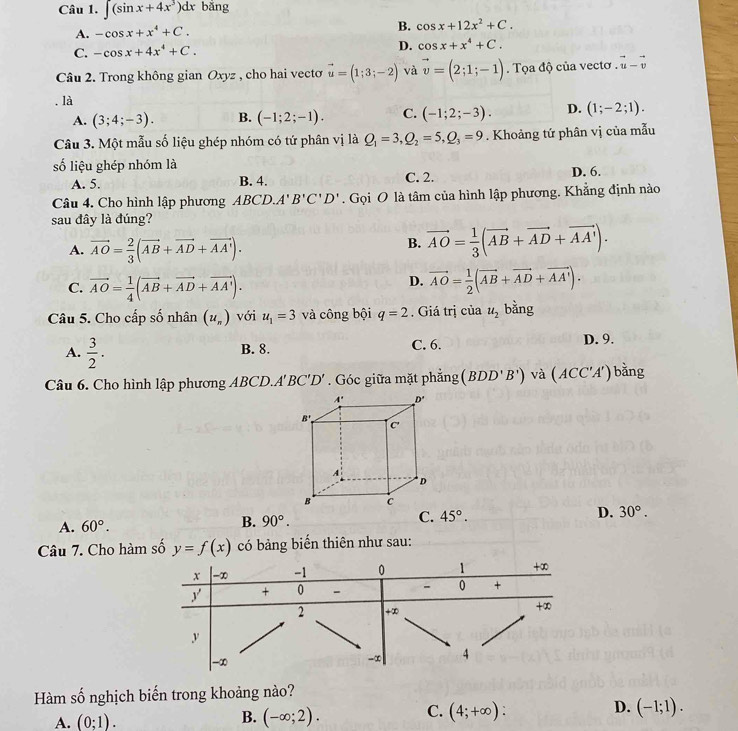 ∈t (sin x+4x^3)dx bǎng
A. -cos x+x^4+C.
B. cos x+12x^2+C.
C. -cos x+4x^4+C. D. cos x+x^4+C.
Câu 2. Trong không gian Oxyz , cho hai vecto vector u=(1;3;-2) và vector v=(2;1;-1). Tọa độ của vectơ . vector u-vector v. là
A. (3;4;-3). B. (-1;2;-1). C. (-1;2;-3). D. (1;-2;1).
Câu 3. Một mẫu số liệu ghép nhóm có tứ phân vị là Q_1=3,Q_2=5,Q_3=9. Khoảng tứ phân vị của mẫu
số liệu ghép nhóm là
A. 5. B. 4. C. 2. D. 6.
Câu 4. Cho hình lập phương ABCD.A'B'C'D'. Gọi O là tâm của hình lập phương. Khẳng định nào
sau đây là đúng?
A. vector AO= 2/3 (vector AB+vector AD+vector AA').
B. vector AO= 1/3 (vector AB+vector AD+vector AA').
C. vector AO= 1/4 (vector AB+vector AD+vector AA').
D. vector AO= 1/2 (vector AB+vector AD+vector AA').
Câu 5. Cho cấp số nhân (u_n) với u_1=3 và công bội q=2. Giá trị của u_2 bằng
A.  3/2 .
B. 8. C. 6. D. 9.
Câu 6. Cho hình lập phương ABCD. A'BC'D'. Góc giữa mặt phẳng (BDD'B') và (ACC'A') bằng
C. 45°.
D. 30°.
A. 60°.
B. 90°.
Câu 7. Cho hàm số y=f(x) có bảng biển thiên như sau:
Hàm số nghịch biến trong khoảng nào?
C.
D.
A. (0;1). B. (-∈fty ;2). (4;+∈fty ): (-1;1).