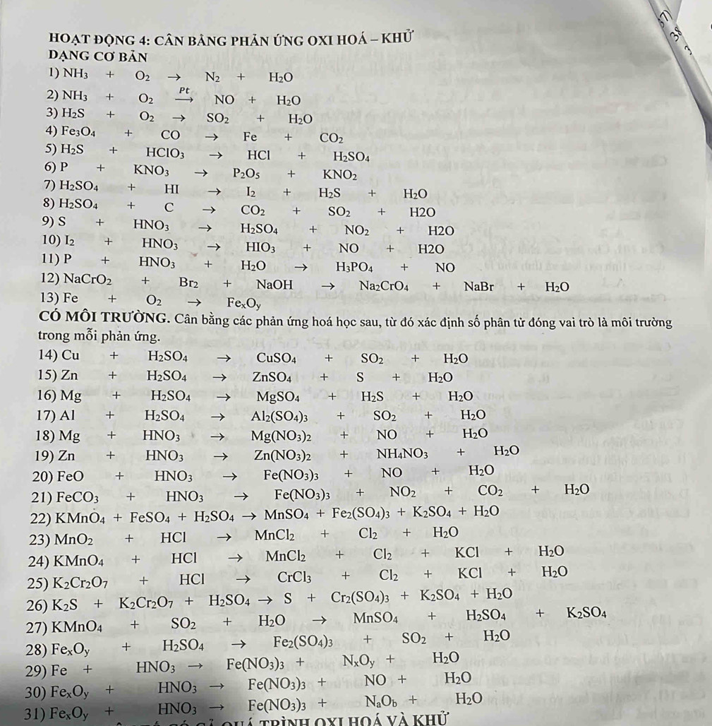 hoạt động 4: cân bảng phản ứng OxI hoá - khử
38
DạNG Cơ Bản
1) NH_3+O_2to N_2+H_2O
2) NH_3+O_2xrightarrow PtNO+H_2O
3) H_2S+O_2to SO_2+H_2O
4) Fe_3O_4+COto Fe+CO_2
5) H_2S+HClO_3to HCl+H_2SO_4
6) P+KNO_3to P_2O_5+KNO_2
7) H_2SO_4+HIto I_2+H_2S+H_2O
8) H_2SO_4+Cto CO_2+SO_2+H2O
9) S+HNO_3to H_2SO_4+NO_2+H2O
10) I_2+HNO_3to HIO_3+NO+H2O
11) P+HNO_3+H_2Oto H_3PO_4+NO
12) NaCrO_2+Br_2+NaOHto Na_2CrO_4+NaBr+H_2O
13) Fe+O_2to Fe_xO_y
Có MỗI TRƯờNG. Cân bằng các phản ứng hoá học sau, từ đó xác định số phân tử đóng vai trò là môi trường
trong mỗi phản ứng.
14) Cu+ H_2SO_4 to CuSO_4+SO_2+H_2O
15) Zn+ -frac 1, H_2SO_4to ZnSO_4+S+H_2O
16) Mg + (-)() H_2SO_4to MgSO_4+H_2S+H_2O
17) Al+ □ H_2SO_4to Al_2(SO_4)_3+SO_2+H_2O
18) Mg+ □  HNO_3to Mg(NO_3)_2+NO+H_2O
19) Zn+HNO_3to Zn(NO_3)_2+NH_4NO_3+H_2O
20) FeO+HNO_3to Fe(NO_3)_3+NO+H_2O
21) FeCO_3+HNO_3 to Fe(NO_3)_3+NO_2+CO_2+H_2O
22) KMnO_4+FeSO_4+H_2SO_4to MnSO_4+Fe_2(SO_4)_3+K_2SO_4+H_2O
23) MnO_2+HClto MnCl_2+Cl_2+H_2O
24) KMnO_4+HClto MnCl_2+Cl_2+KCl+H_2O
25) K_2Cr_2O_7+HClto CrCl_3+Cl_2+KCl+H_2O
26) K_2S+K_2Cr_2O_7+H_2SO_4to S+Cr_2(SO_4)_3+K_2SO_4+H_2O
27) KMnO_4+SO_2+H_2Oto MnSO_4+H_2SO_4+K_2SO_4
28) Fe_xO_y+H_2SO_4to Fe_2(SO_4)_3+SO_2+H_2O
29) Fe+HNO_3to Fe(NO_3)_3+N_xO_y+H_2O
30) Fe_xO_y+HNO_3to Fe(NO_3)_3+NO+H_2O
31) Fe_xO_y+HNO_3to Fe(NO_3)_3+N_aO_b+H_2O *  trình oxl hoá và khử