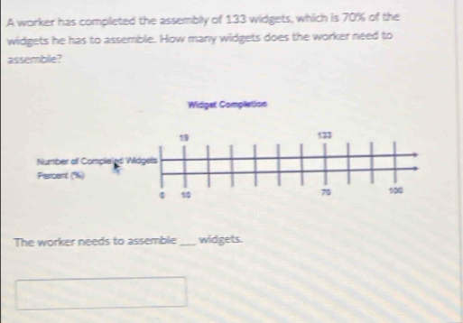 A worker has completed the assembly of 133 widgets, which is 70% of the 
widgets he has to assemble. How many widgets does the worker need to 
assemble? 
Widget Completion
1
533
Number of Compleled Wildgels 
Percent (%) 
| 1 100
70
The worker needs to assemble_ widgets.