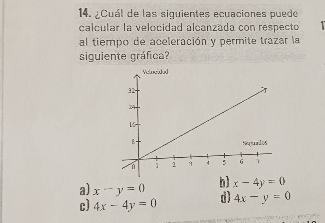 ¿Cuál de las siguientes ecuaciones puede
calcular la velocidad alcanzada con respecto I
al tiempo de aceleración y permite trazar la
siguiente gráfica?
a) x-y=0
b) x-4y=0
c) 4x-4y=0
d) 4x-y=0