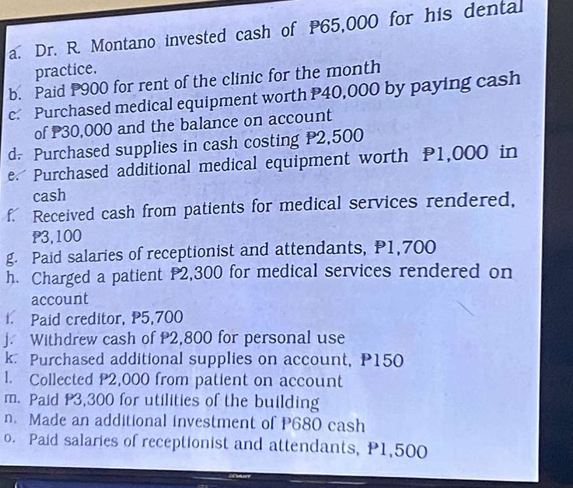 Dr. R. Montano invested cash of P65,000 for his dental 
practice. 
b. Paid P900 for rent of the clinic for the month
c. Purchased medical equipment worth P40,000 by paying cash 
of P30,000 and the balance on account 
d. Purchased supplies in cash costing P2,500
e. Purchased additional medical equipment worth P1,000 in 
cash 
f. Received cash from patients for medical services rendered,
P3,100
g. Paid salaries of receptionist and attendants, P1,700
h. Charged a patient P2,300 for medical services rendered on 
account 
i. Paid creditor, P5,700
j. Withdrew cash of P2,800 for personal use 
k. Purchased additional supplies on account, P150
l. Collected P2,000 from patient on account 
m. Paid P3,300 for utilities of the building 
n Made an additional investment of P680 cash 
o. Paid salaries of receptionist and attendants, P1,500