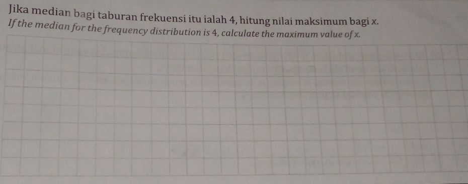 Jika median bagi taburan frekuensi itu ialah 4, hitung nilai maksimum bagi x. 
If the median for the frequency distribution is 4, calculate the maximum value of x.