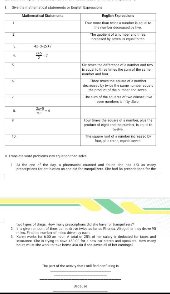 Give the mathematical statements or English Expressions
II. Translate word problems into equation then solve.
1. At the end of the day, a pharmacist counted and found she has 4/3 as many
prescriptions for antibiotics as she did for tranquilizers. She had 84 prescriptions for the
two types of drugs. How many prescriptions did she have for tranquilizers?
2. In a given amount of time, Jamie drove twice as far as Rhonda. Altogether they drove 90
miles. Find the number of miles driven by each.
3. Karen works for 6.00 an hour. A total of 25% of her salary is deducted for taxes and
insurance. She is trying to save 450.00 for a new car stereo and speakers. How many
hours must she work to take home 450.00 if she saves all of her earnings?
The part of the activty that I still find confusing is
_
_
_
Because
_