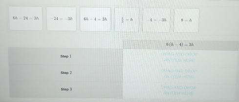 6h-24=3h -24=-3h 6h-4=3h  4/3 -h -4=-3h 8=h