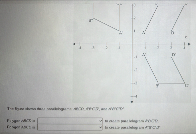 +3
The figure shows three parallelogra
Polygon ABCD is to create parallelogram . A'B'C'D'.
Polygon ABCD is (-1+∠ C_1<0</tex> to create parallelogram A''B''C''D''.