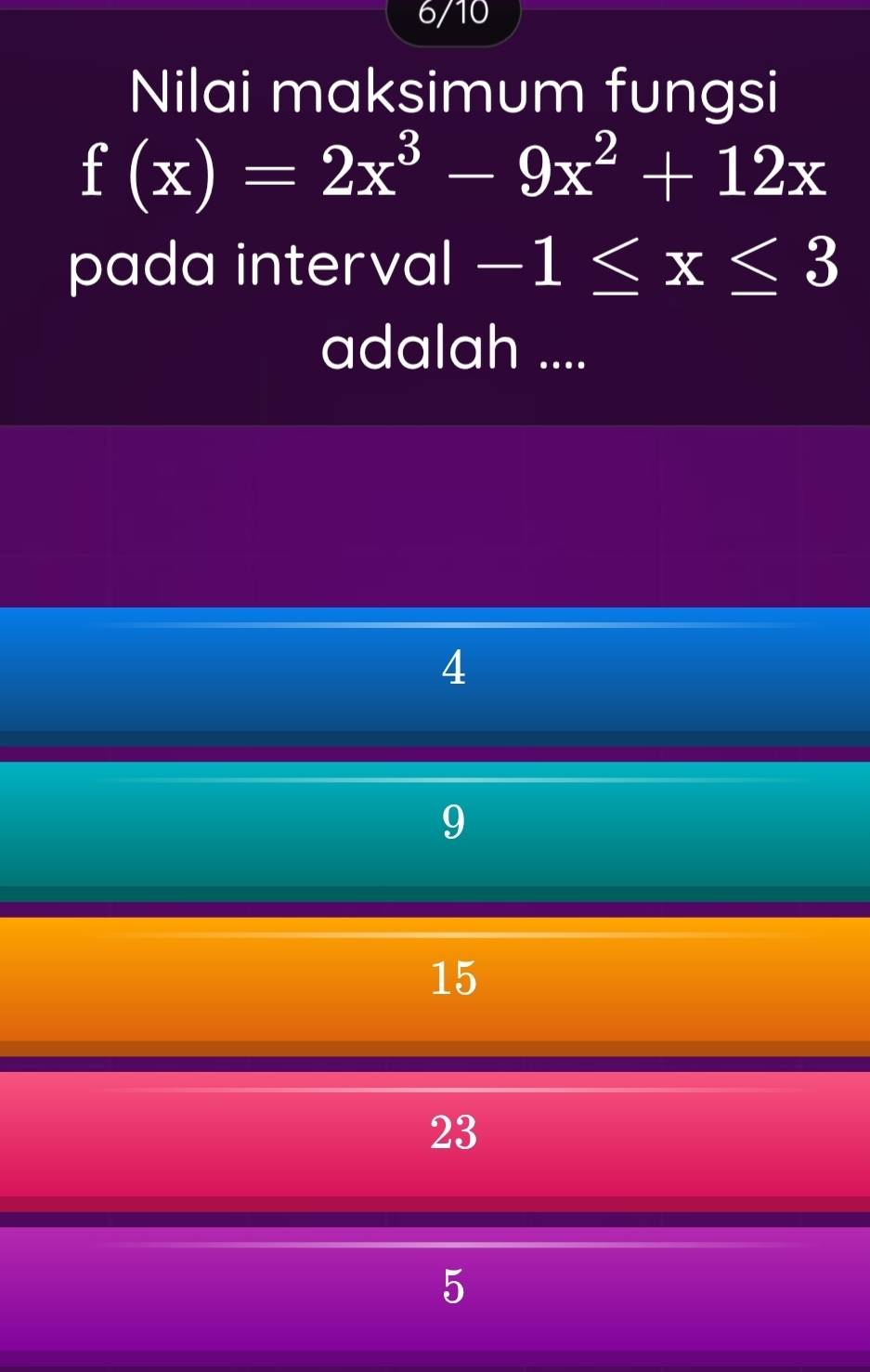 6/10
Nilai maksimum fungsi
f(x)=2x^3-9x^2+12x
pada interval -1≤ x≤ 3
adalah ....
4
9
15
23