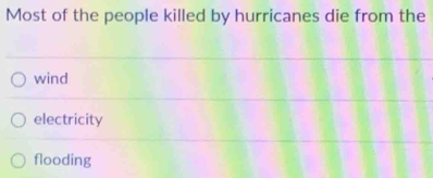 Most of the people killed by hurricanes die from the
wind
electricity
flooding