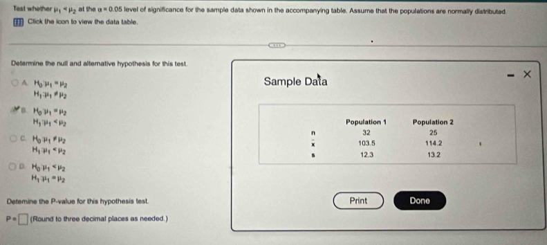 Tast whether mu _1 at the a=0.05 level of significance for the sample data shown in the accompanying table. Assume that the populations are normally distributed
Click the icon to view the data table.
Determine the null and alternative hypothesis for this test.
A. H_0mu _1=mu _2
Sample Data
H_1to mu _1!= mu _2
B. H_0mu _1=mu _2
H_1:mu _1 Population 1 Population 2
n 32 25
C. H_0mu _1!= mu _2
× 103.5 114.2
H_1mu _1
s 12.3 13.2
D. H_0mu _1
H_1mu _1=mu _2
Detemine the P -value for this hypothesis test. Print Done
P=□ (Round to three decimal places as needed.)