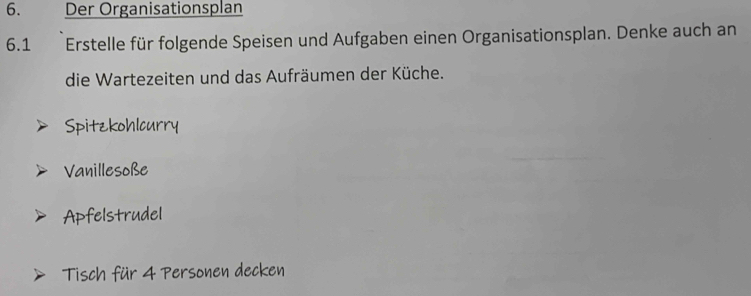 Der Organisationsplan 
6.1 Erstelle für folgende Speisen und Aufgaben einen Organisationsplan. Denke auch an 
die Wartezeiten und das Aufräumen der Küche. 
Spitzkohlcurry 
Vanillesoße 
Apfelstrudel 
Tisch für 4 Personen decken