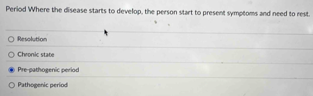 Period Where the disease starts to develop, the person start to present symptoms and need to rest.
Resolution
Chronic state
Pre-pathogenic period
Pathogenic period