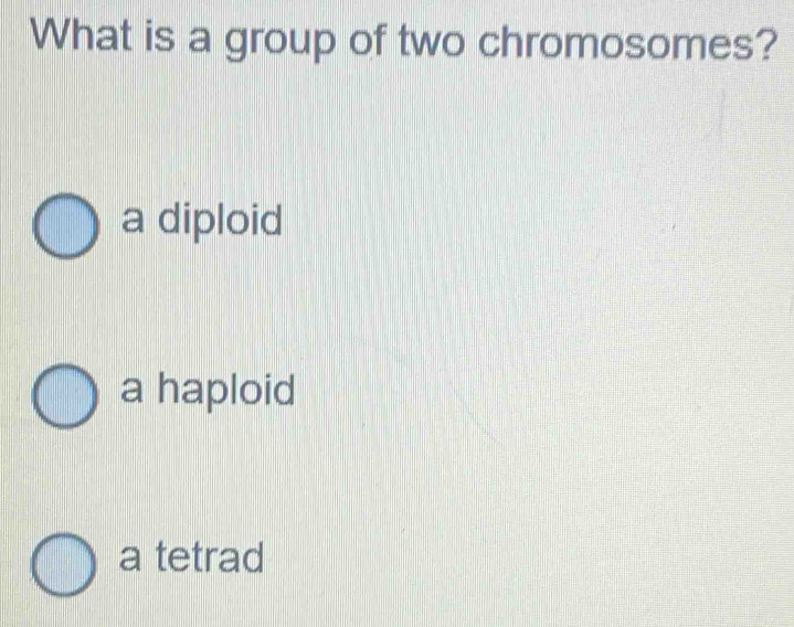 What is a group of two chromosomes?
a diploid
a haploid
a tetrad