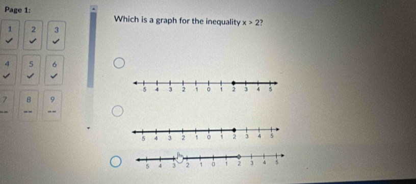 Page 1: 
Which is a graph for the inequality x>2 ?
1 2 3
√ I
4 5 6
√
7 8 9
_- --