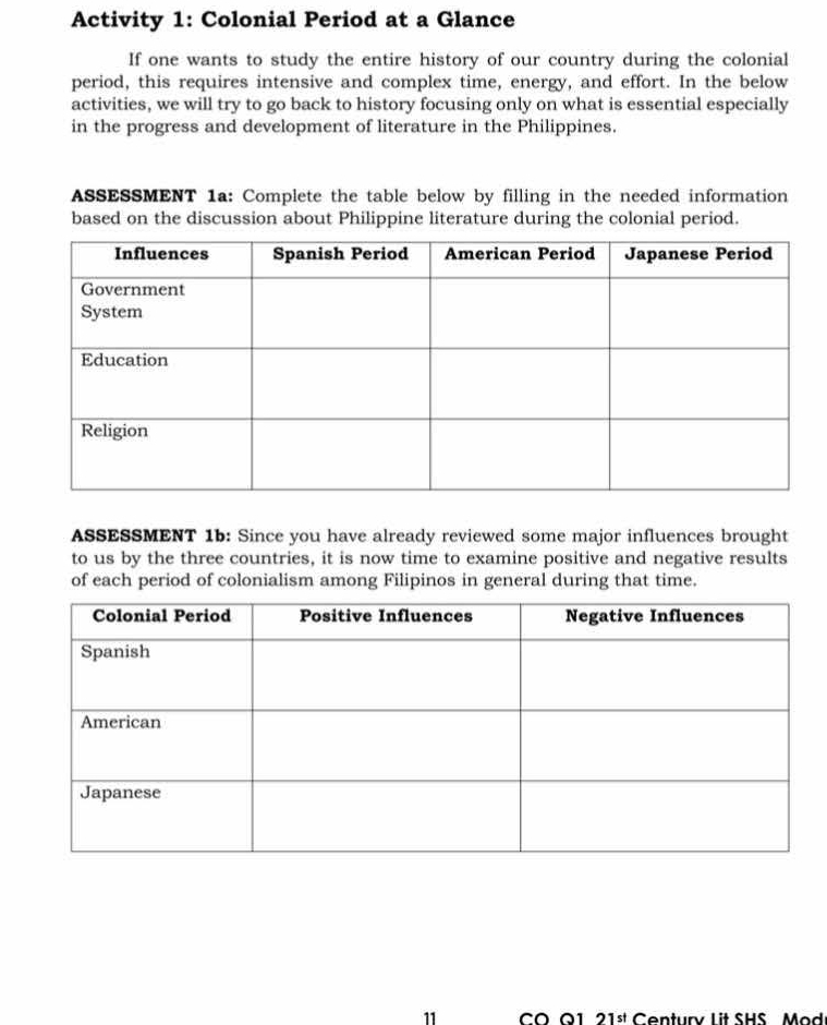 Activity 1: Colonial Period at a Glance 
If one wants to study the entire history of our country during the colonial 
period, this requires intensive and complex time, energy, and effort. In the below 
activities, we will try to go back to history focusing only on what is essential especially 
in the progress and development of literature in the Philippines. 
ASSESSMENT 1a: Complete the table below by filling in the needed information 
based on the discussion about Philippine literature during the colonial period. 
ASSESSMENT 1b: Since you have already reviewed some major influences brought 
to us by the three countries, it is now time to examine positive and negative results 
of each period of colonialism among Filipinos in general during that time. 
11 CO Q1 21st Century Lit SHS Mod